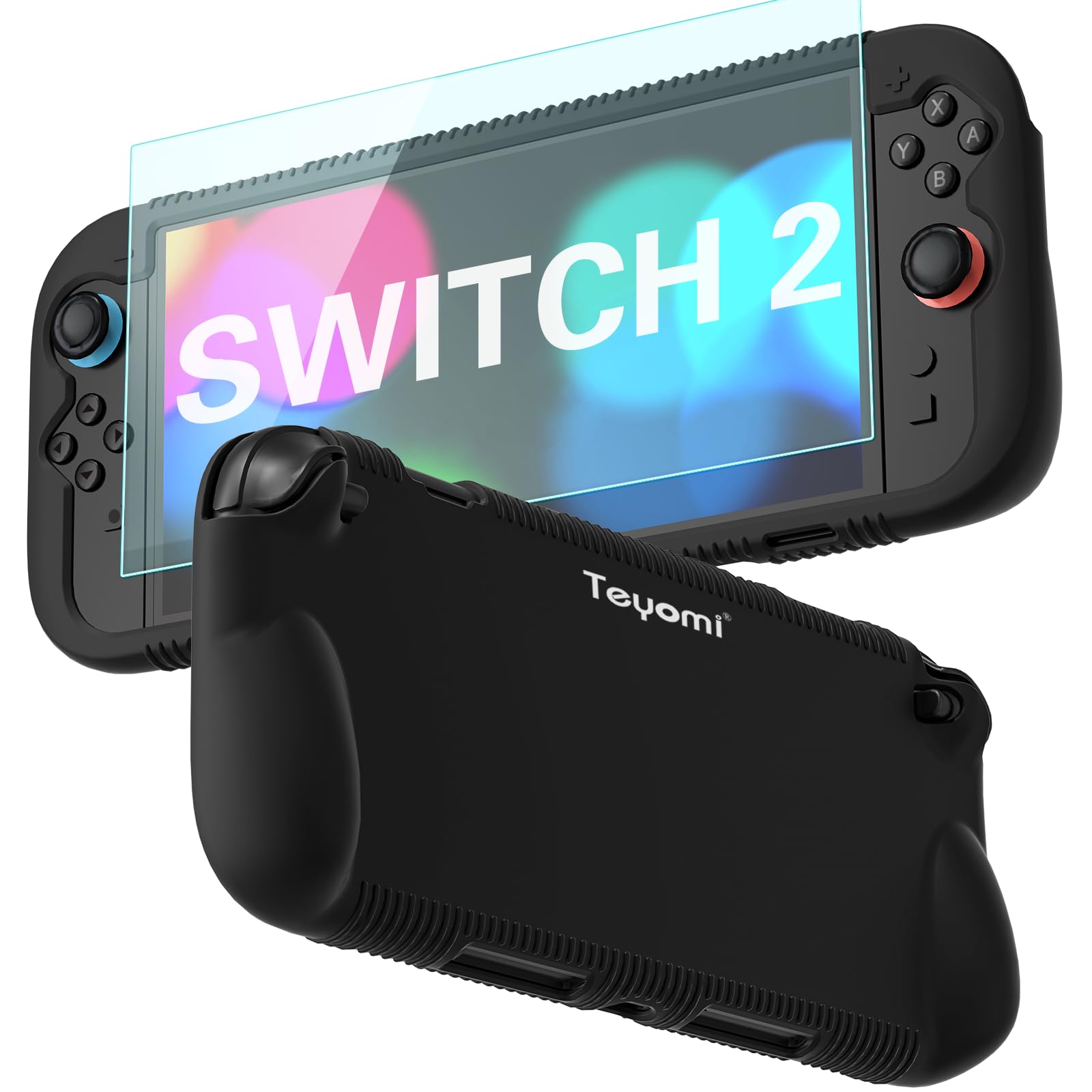 Teyomi Funda protectora de silicona compatible con Nintendo Switch 2, Carcasa para Nintendo Switch 2 con protector de pantalla de vidrio templado, Estuche con agarre ergonómico (Negro) - 2