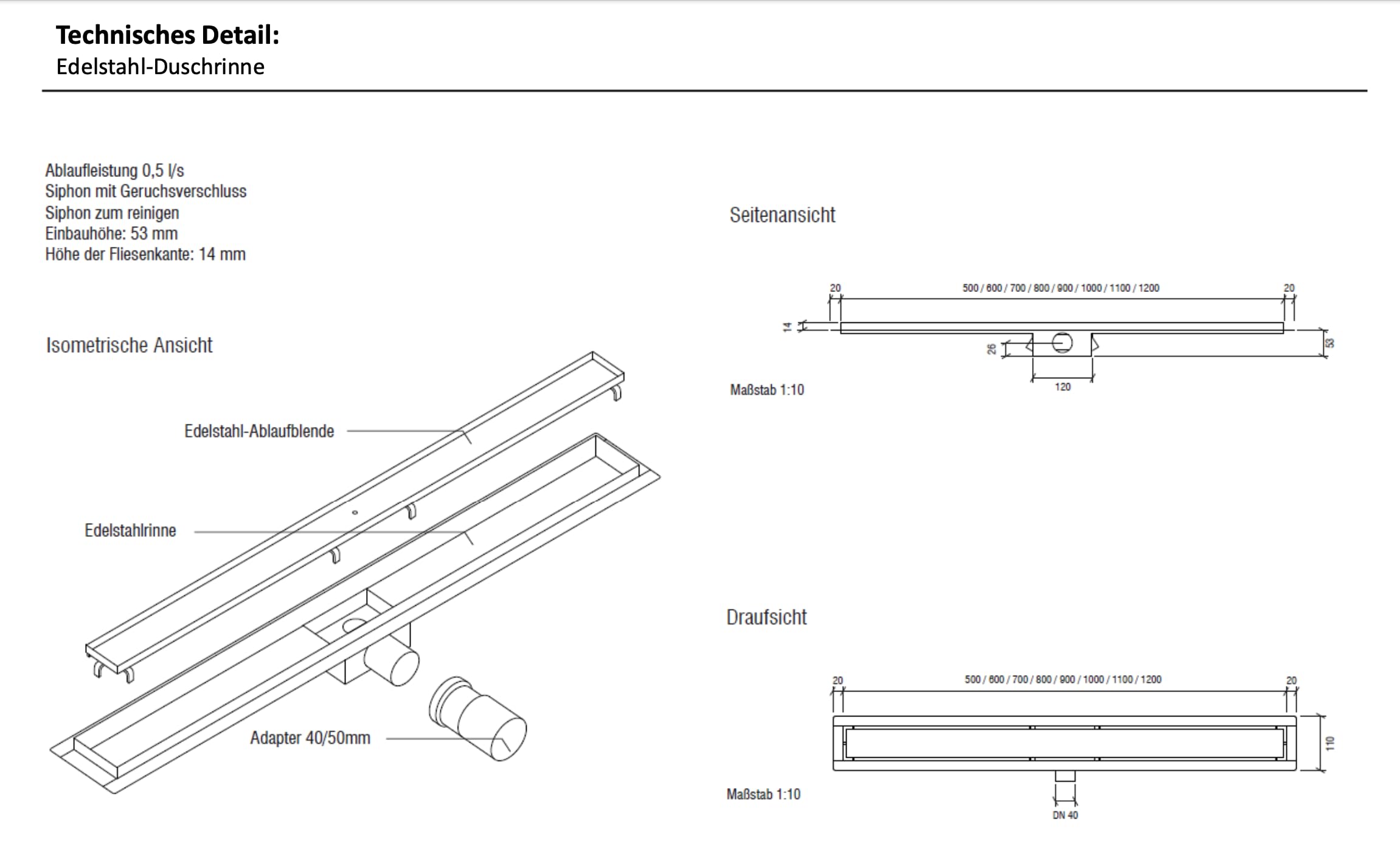 Edelstahl Duschrinne extra flach mit Ablauf & Siphon (70cm, Höhe 53mm) - waagerechter Duschablauf Komplettset Vollabdeckung - Duschabfluss & Duschablaufrinne mit passender Dichtmanschette