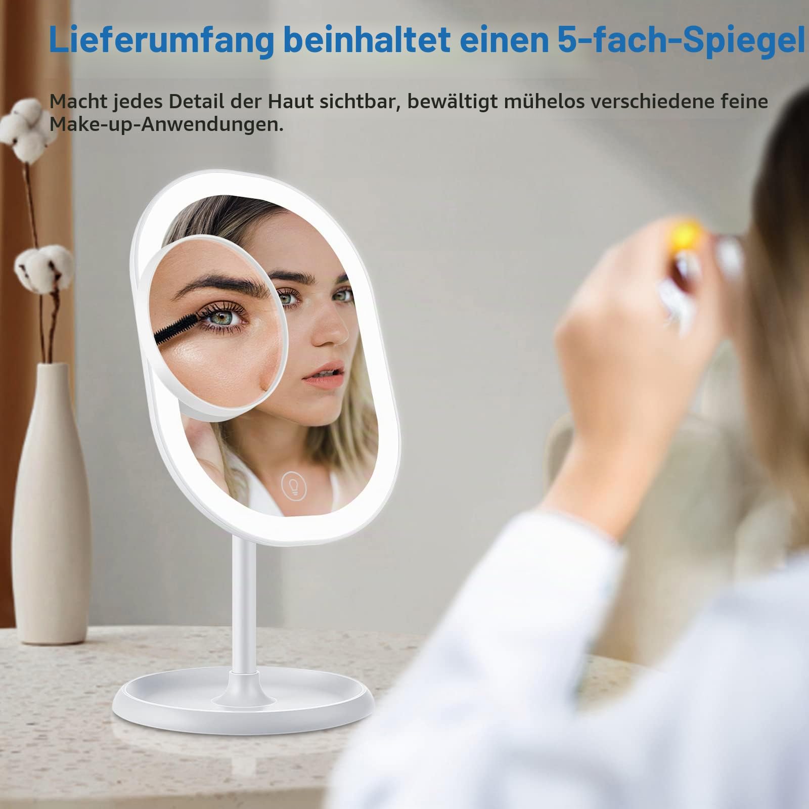 Schminkspiegel, Tischspiegel Rasierspiegel Schminkspiegel Beleuchtet mit Dimmbarer Helligkeit LED Licht, Mit 10X Vergrößern Spiegel, 180° Faltbarer Tischspiegel, Freund