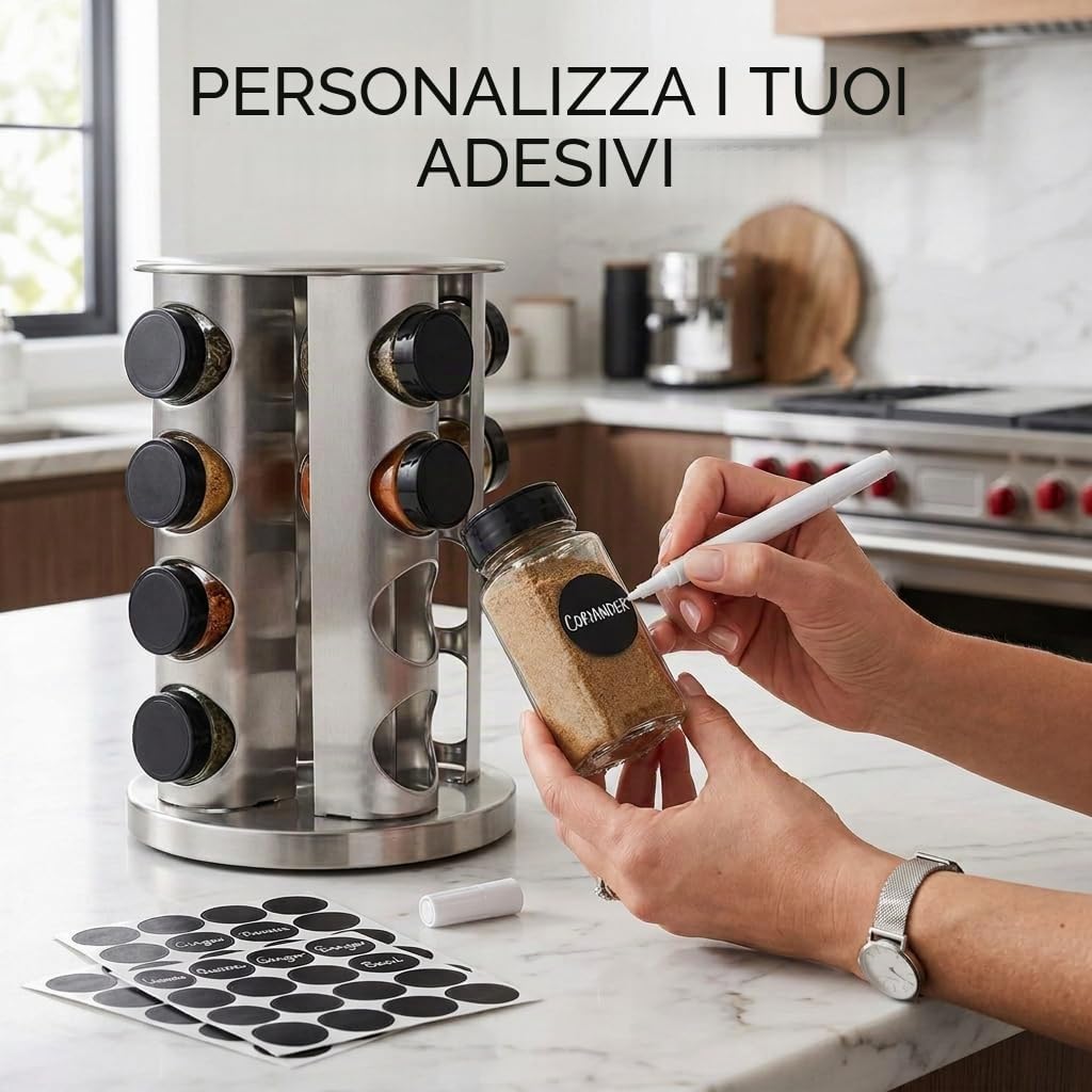 edihome, Porta Spezie per Cucina, Girevole, 360º, 16 Barattoli di Spezie, con Coperchi e Dispenser Individuali, Organizer, con Etichette per Barattoli