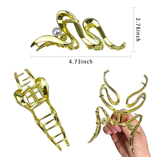 Miniatura 8 de Pinzas de cabello doradas con forma de hueso de pez pinzas de garra de metal grandes antideslizantes para el cabello pinzas de mordaza para el