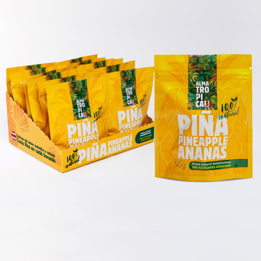 Alma Tropical - Piña Deshidratada Completamente Natural de Costa Rica (Caja 12 x 50g) | Snack saludable, Sin azúcares añadidos, Sin Alérgenos, Sin Gluten, Sin Conservantes