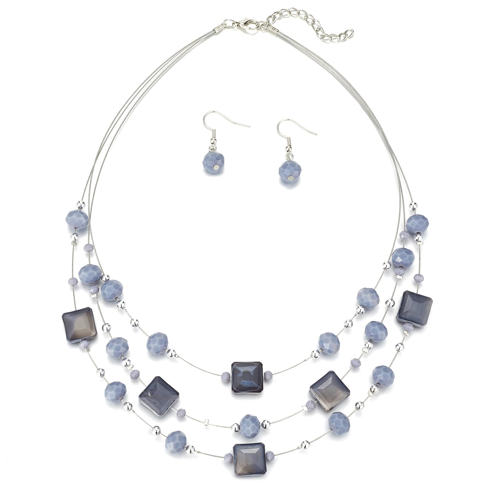 Layered Silver Beaded Necklace for Women Square Crystal Beads Statement Collar Necklace and Earrings Fashion Costumes Jewelry Sets for Women