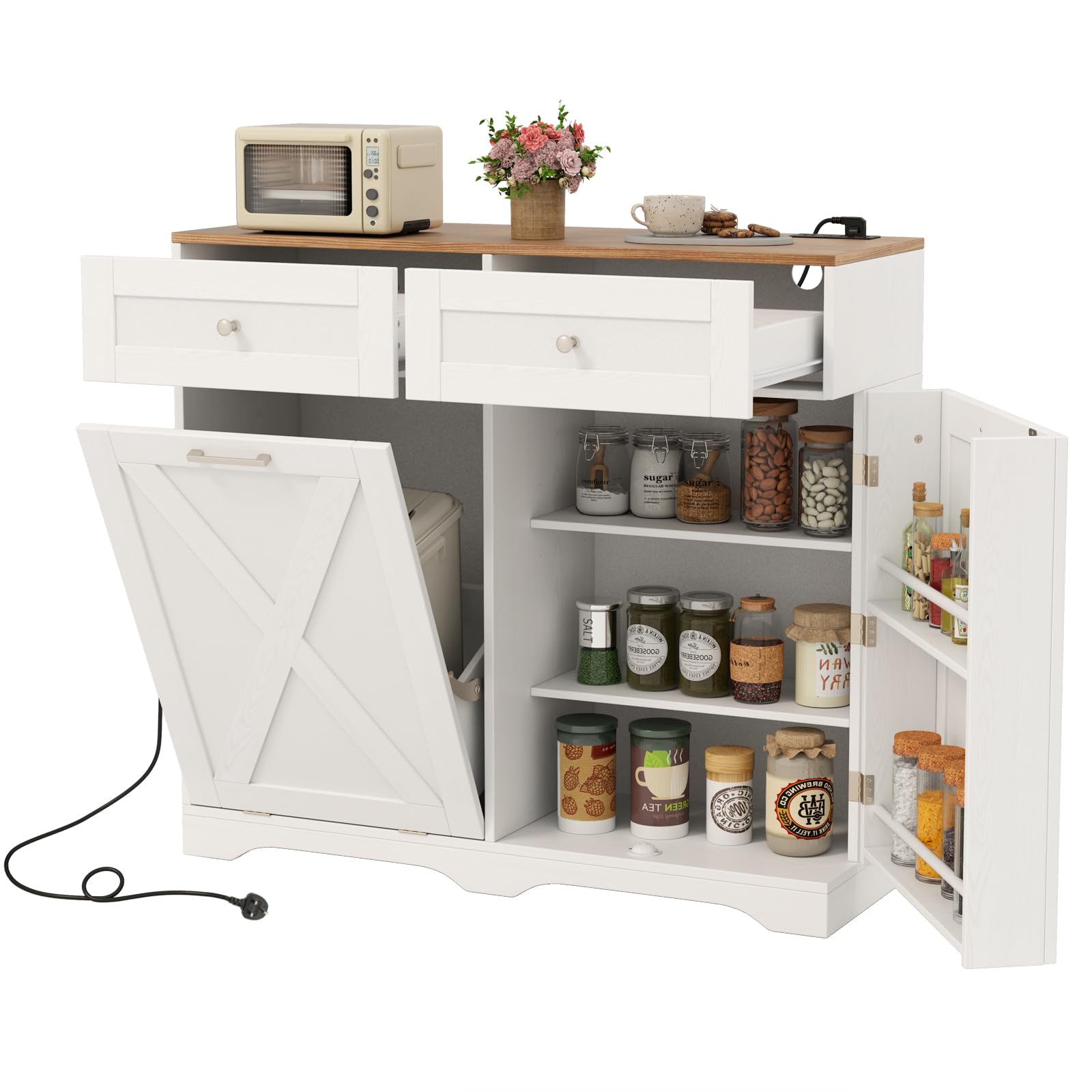 COSTWAY Sideboard with Trash Bin Hamper, Tilt Out Trash Can Cabinet with Power Outlets, 2 Drawers, Adjustable Shelf, Built-in a Universal Wheel & Anti-Tipping Kit, Pantry Storage Cupboard (White)