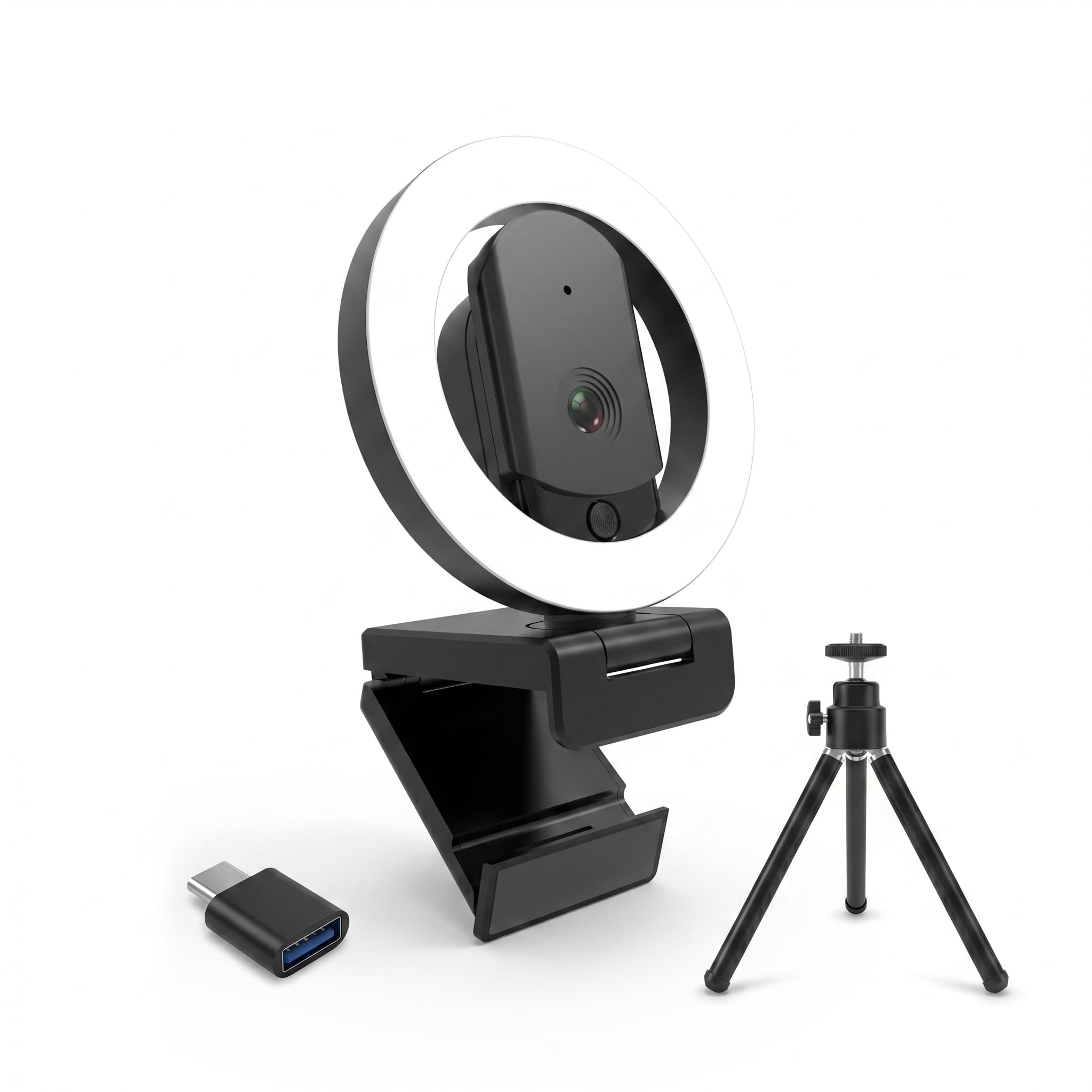 Cámara web 4K Ultra HD con micrófono, luz de relleno de 3 colores y cubierta de privacidad, cámara web de enfoque automático de gran angular de 90° con trípode y adaptador USB C, Plug & Play