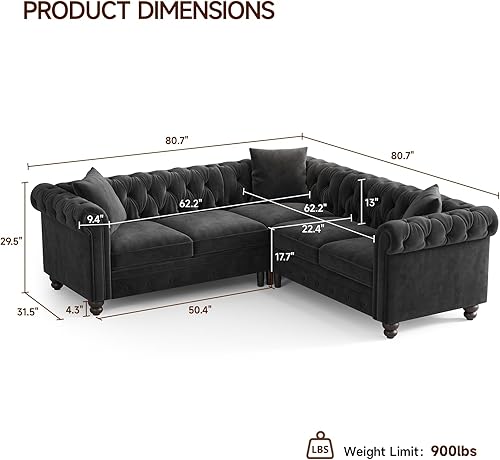 Miniatura 2 de ONBRILL Chesterfield - Sofá en forma de L, sofás seccionales de terciopelo para sala de estar, sofá esquinero copetudo con brazos enrollados, 3