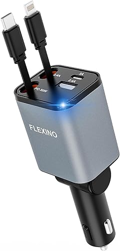 Flexino Cargador de Coche Retráctil para iPhone 16, Cargador de Coche USB C de Carga Rápida 69W, Cargadores de Coche con 2 Cables Retráctiles 0.8m,
