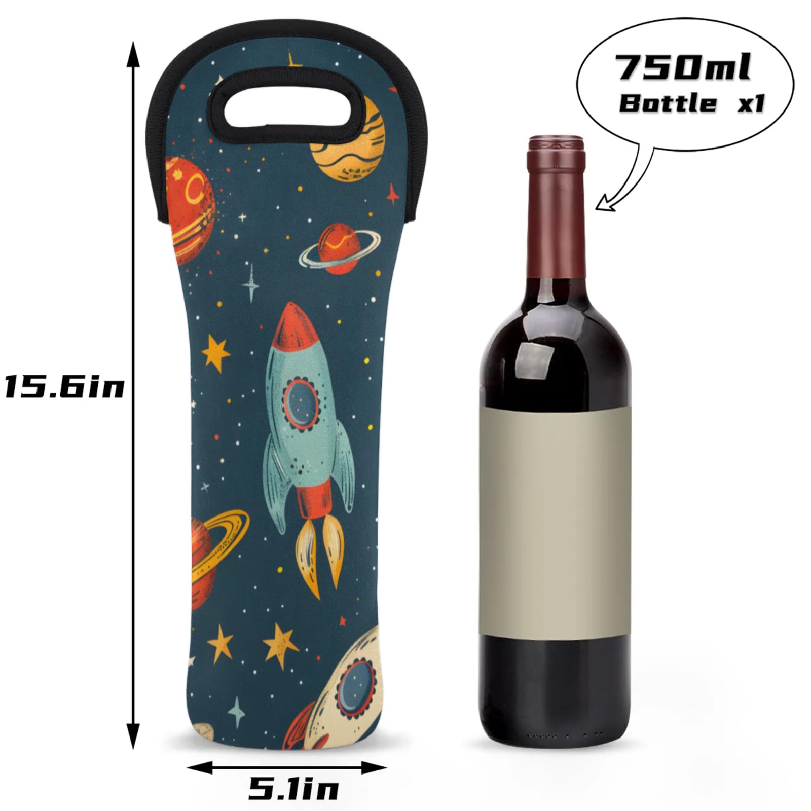 Neoprene Wine Tote Carrier Bag for Wine,Water, Champagne, Beer, Baby Bottles 15.6 x 5.1 Inches, Protective Wine Bag,Rocket