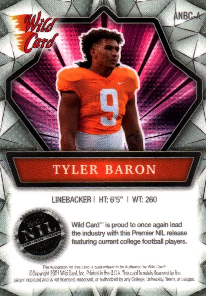 Tyler Baron Autographed Wild Card Alumination Collectible Football Card - 2021 Wild Card Alumination Football Card #ANBC-A (University of Tennessee) Free Shipping & Tracking