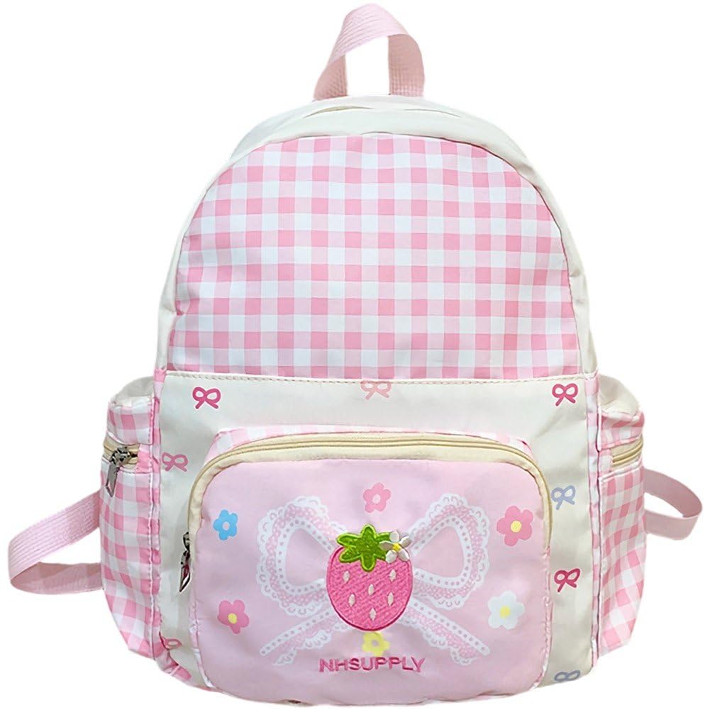 Casiler Strawberry Plaid Backpack for Teen Cute Korean Style Bow Bag, Mochila Mujer for School College, Laptop Student Bag