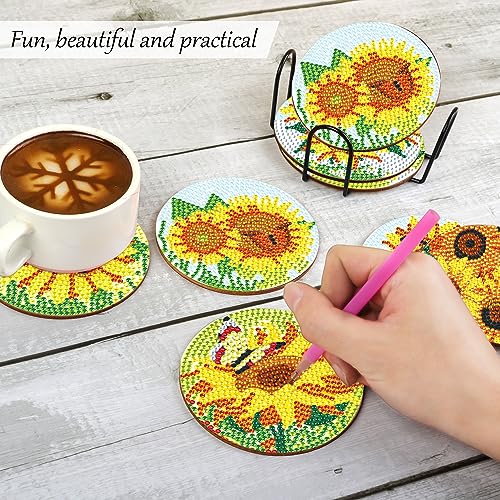 Image of 8 Pcs Sunflower Diamond Painting Coasters with Holder, DIY Diamond Art Coasters Kit, Small Diamond Art Kits Non Slip Handmade Table Decor Craft for Adults