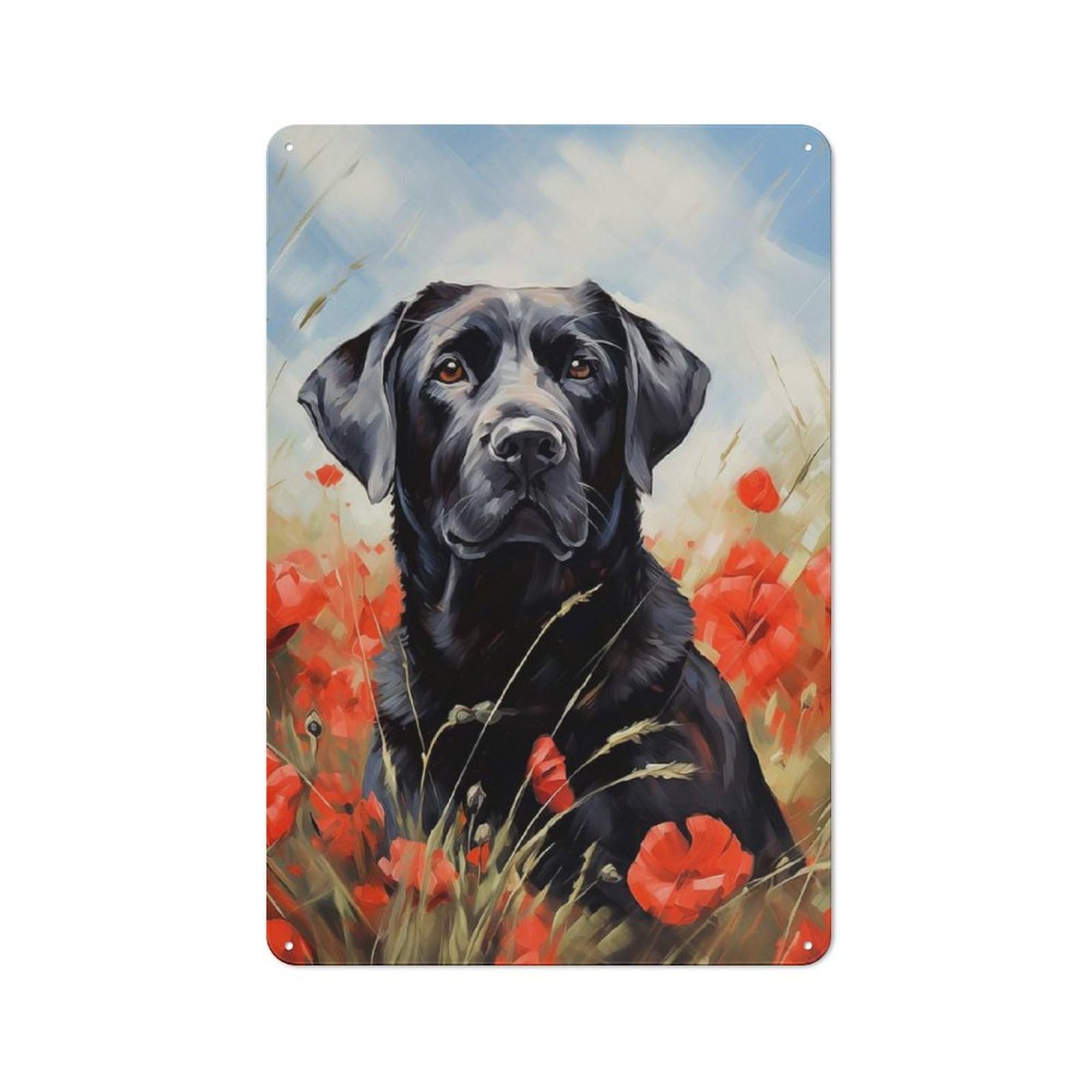 Metal Wall Sign 30x20cm Featuring Black Labrador in Poppies for Bar Or Restaurant, for Bar Decor Enthusiasts