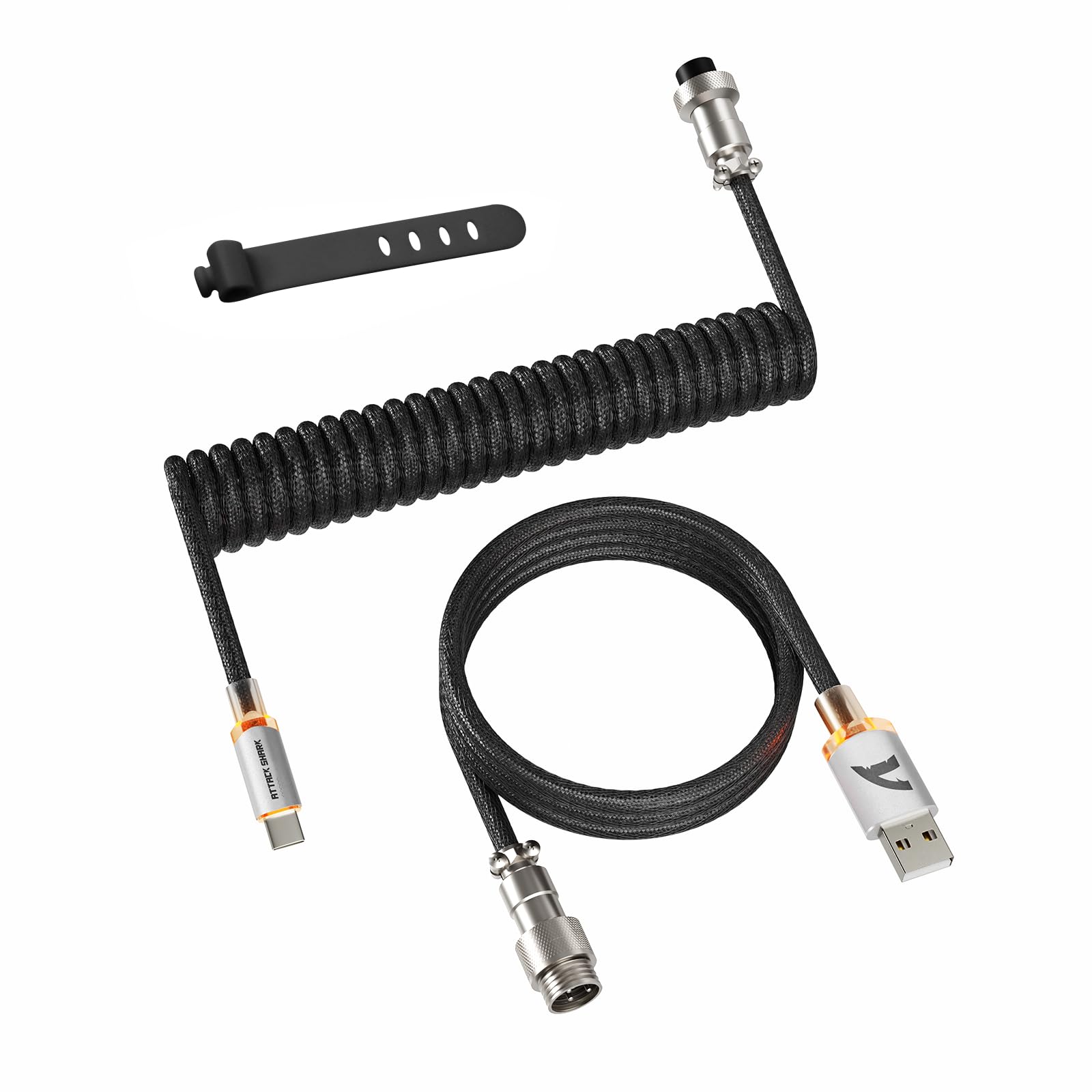ATTACK SHARK C01 ULTIMATE RGB Cavo Spiralato per Tastiera Gaming, Supporto 8000Hz e Rapid Trigger, Cavo per Tastiera Meccanica da USB-C a USB-A con Aviatore in Metallo, Doppio Intreccio, Nero