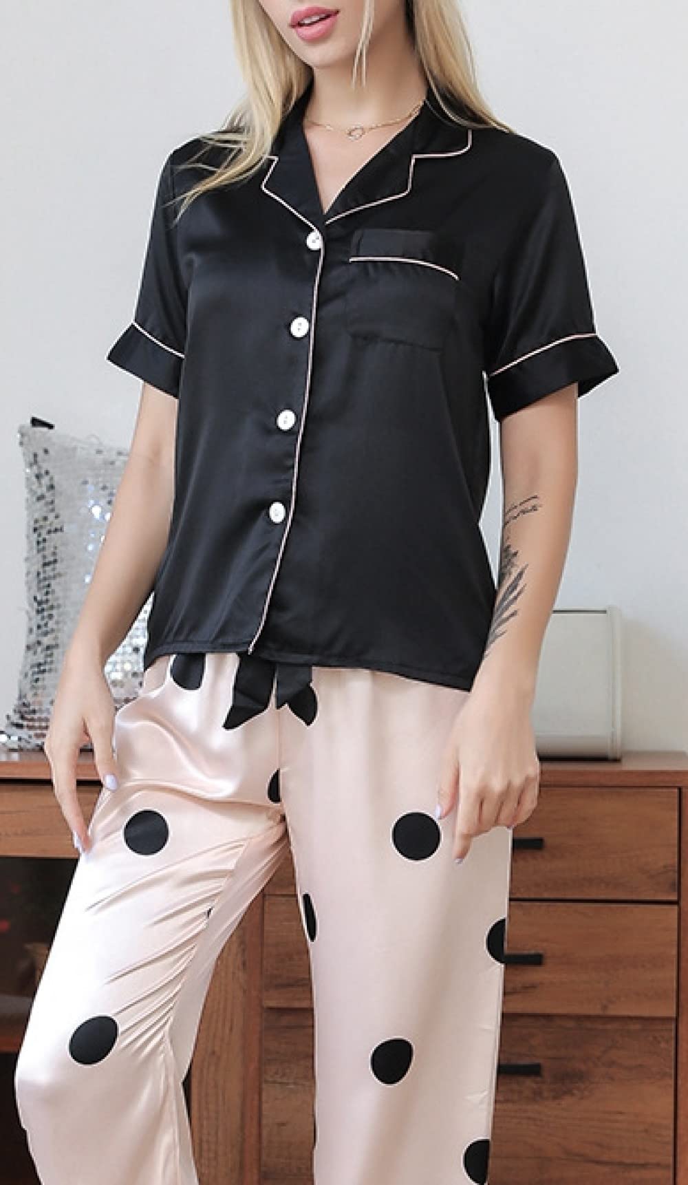 Pijama De Mujer Manga Corta,Top De Solapa Negra Pantalones De Lunares Pijama De Verano Para Mujer Conjunto De 2 Piezas Pijama De Moda Suave Loungewear Regalo Del Día De La Madre Para Esposa Novia M