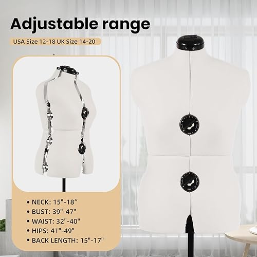 Miniatura 2 de PDM WORLDWIDE Maniquí de forma de vestido ajustable beige para costura talla femenina 12-18, cuerpo de modelo con alfileres con 13 diales, ruedas