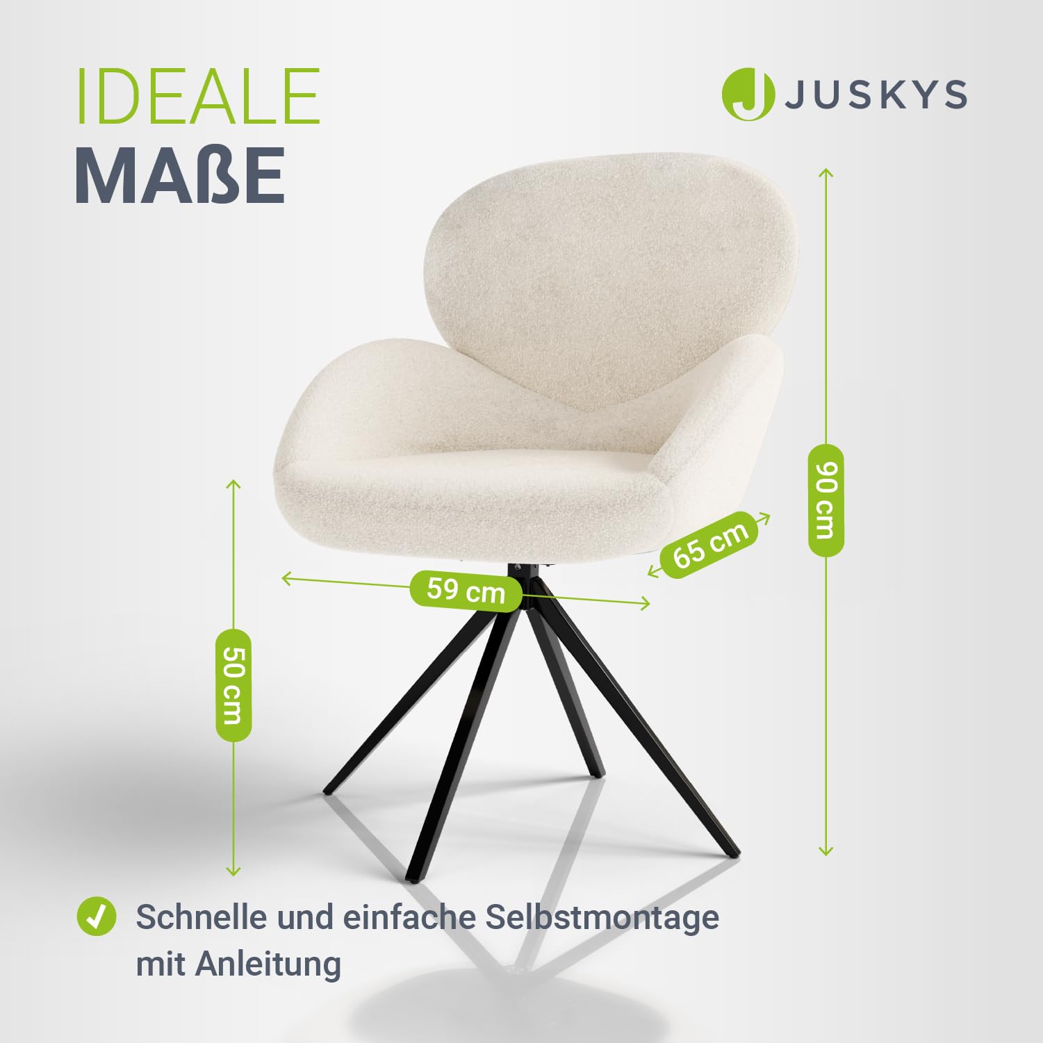 Juskys® Drehstuhl Albano - Bouclé - 360° drehbar & gepolstert, pflegeleichter Bezug, verstellbare Metallfüße, modern, für Esszimmer & Küche - Creme