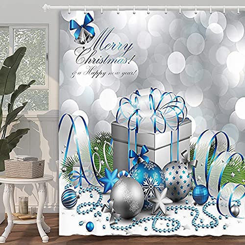 DYNH-Holiday-Shower-Curtain-Happy-Merry-Christmas-Silver-and-Blue-Xmas-Ball-and-Gift-Box-for-New-Year-Bath-Curtains-Fabric-Shower-Curtain-Bathroom-Accessories-12PCS-Hooks-69X70IN