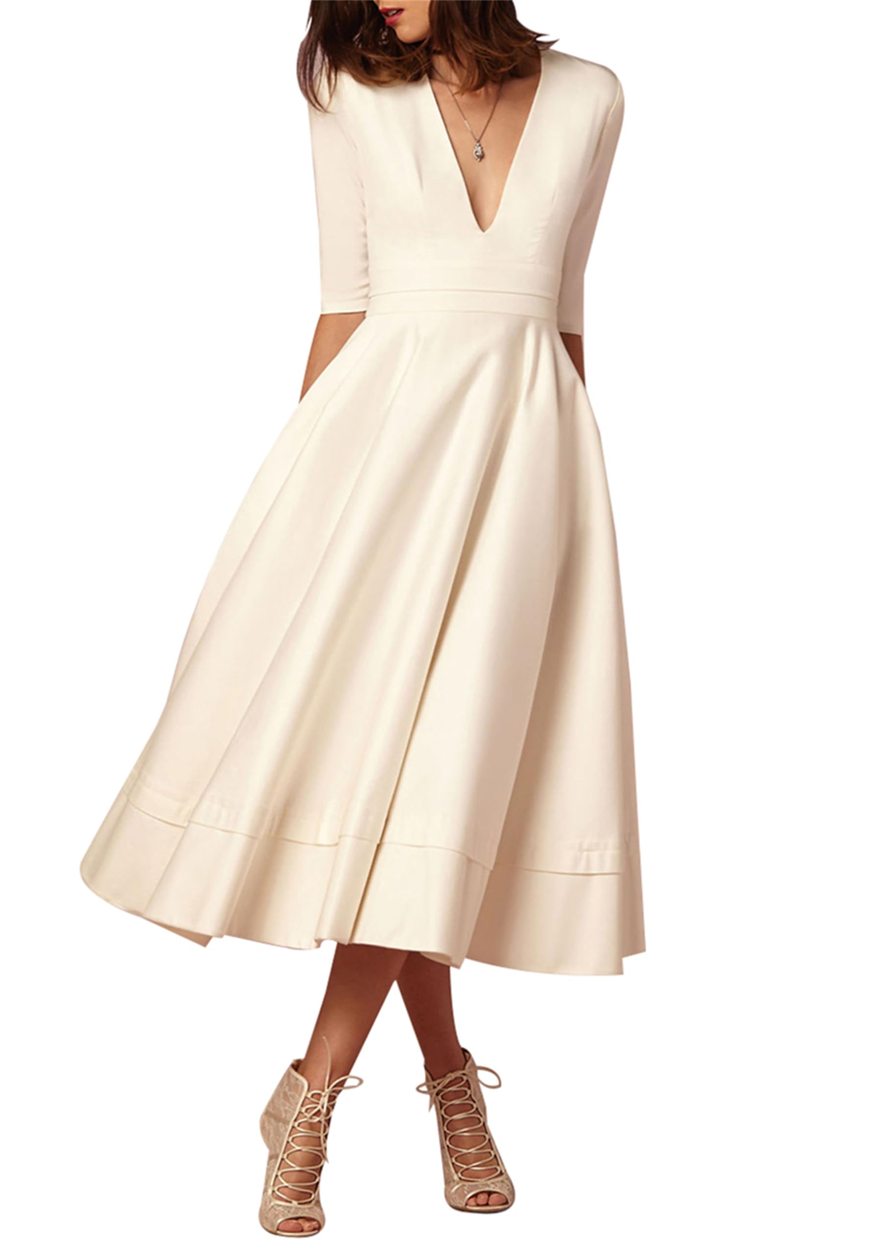 YMING Women 's Retro Deep V Neck Dress Elegant Swing Dress 3/4 Sleeve Light Dress Retro High Cintura Party Midi Pocket Dress