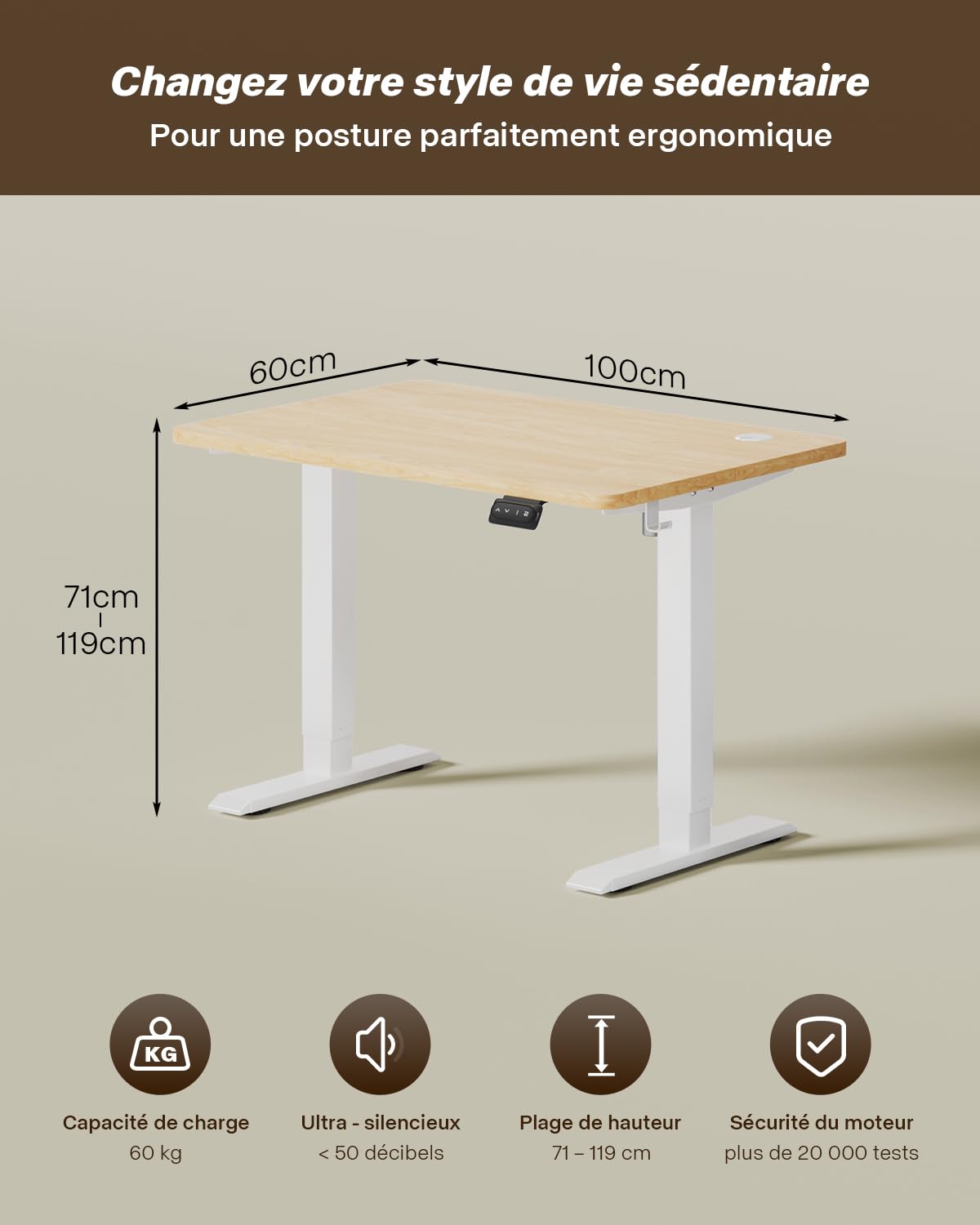 TRIUMPHKEY Bureau Assis Debout 100 x 60 cm, Beige