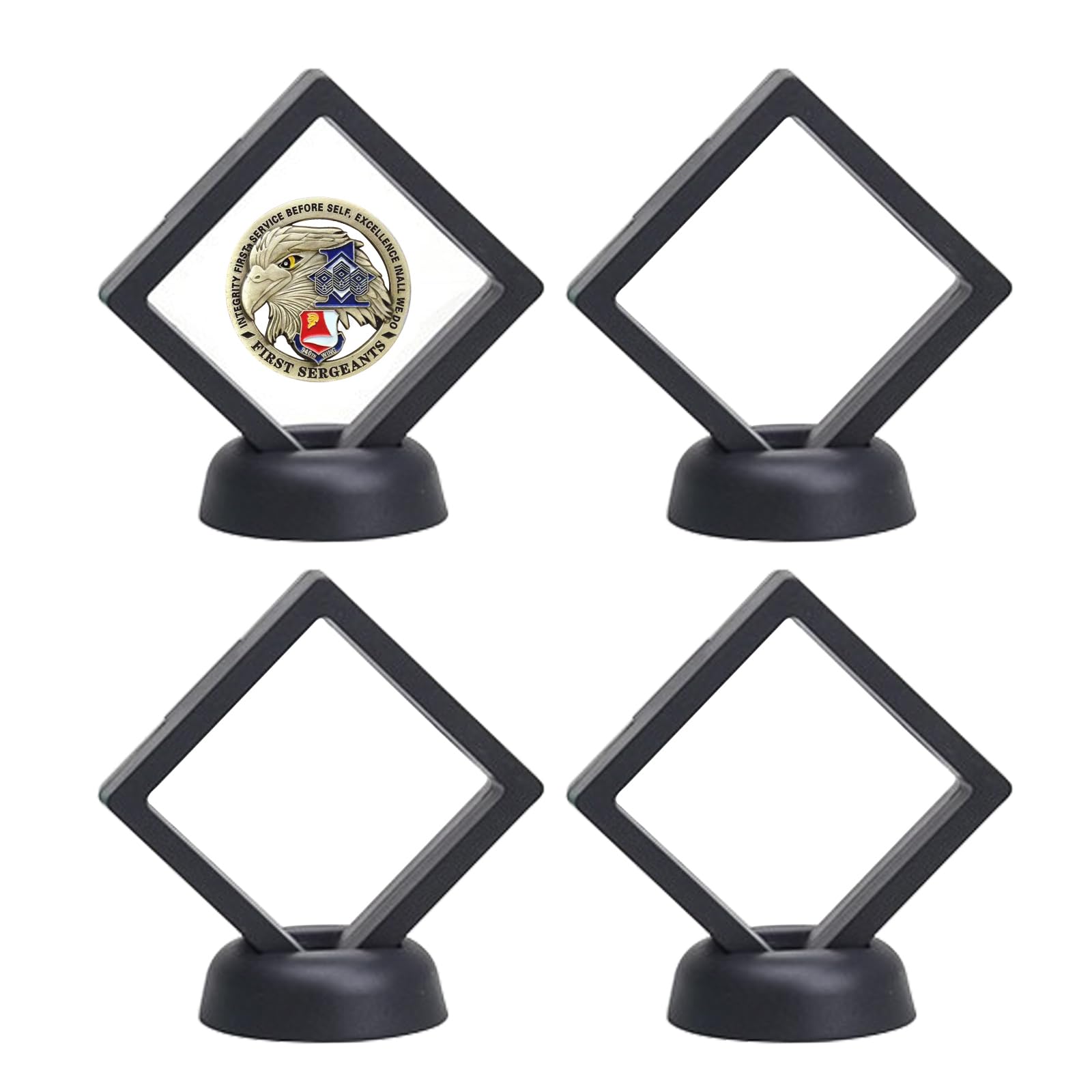 3D Floating Frame with Stand, Challenge Coin Display Holder, 4 Pack Floating Display, 2.75"x2.75" Gift Packing Frame (Black)