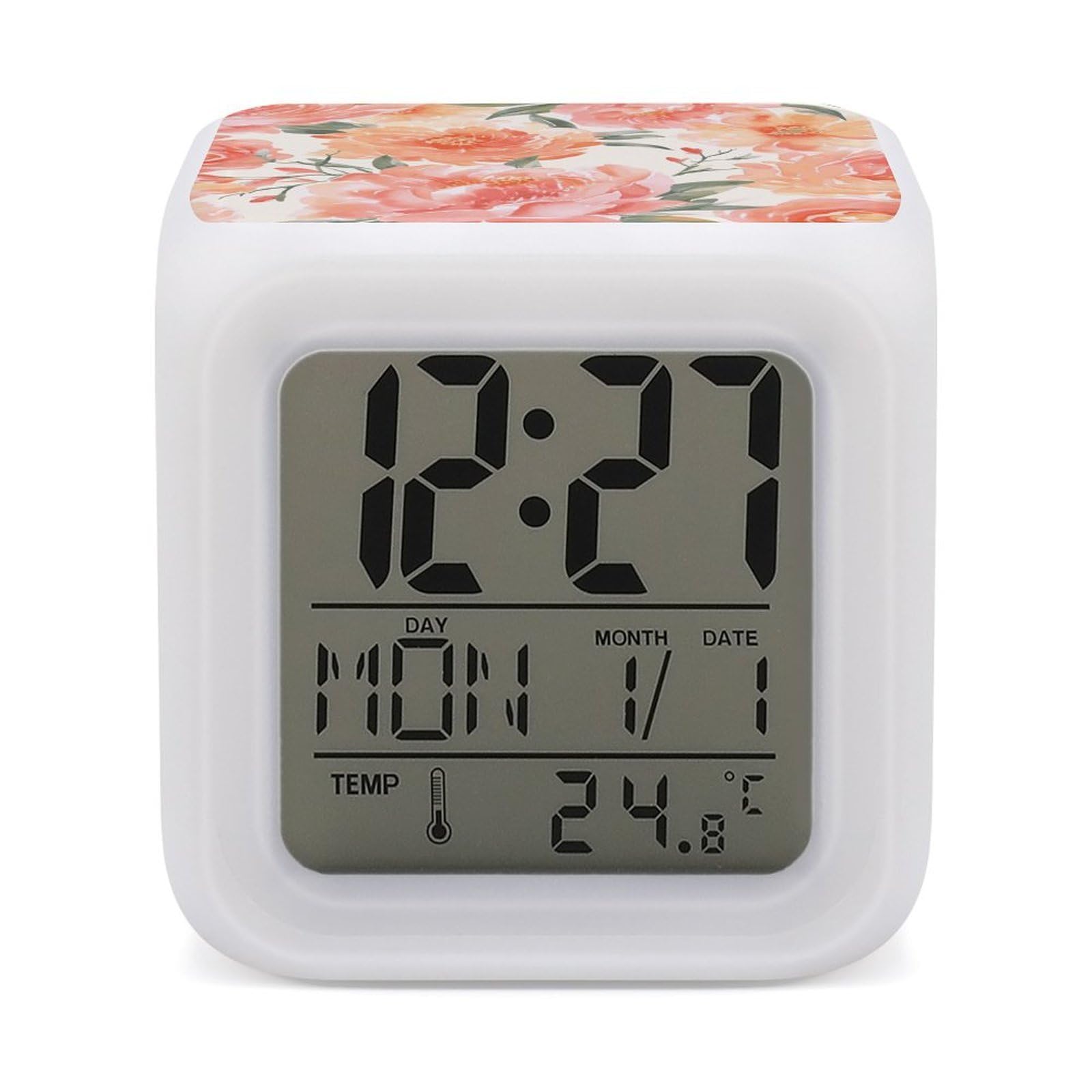 FekiLoot Peach Peony Alarm Clock for Heavy Sleepers Small Digital Alarm Clock with Date Temperature Wake Up Digital Clocks with 7 Colors Changing Desk Clocks for Bedroom Bedside Nightstand