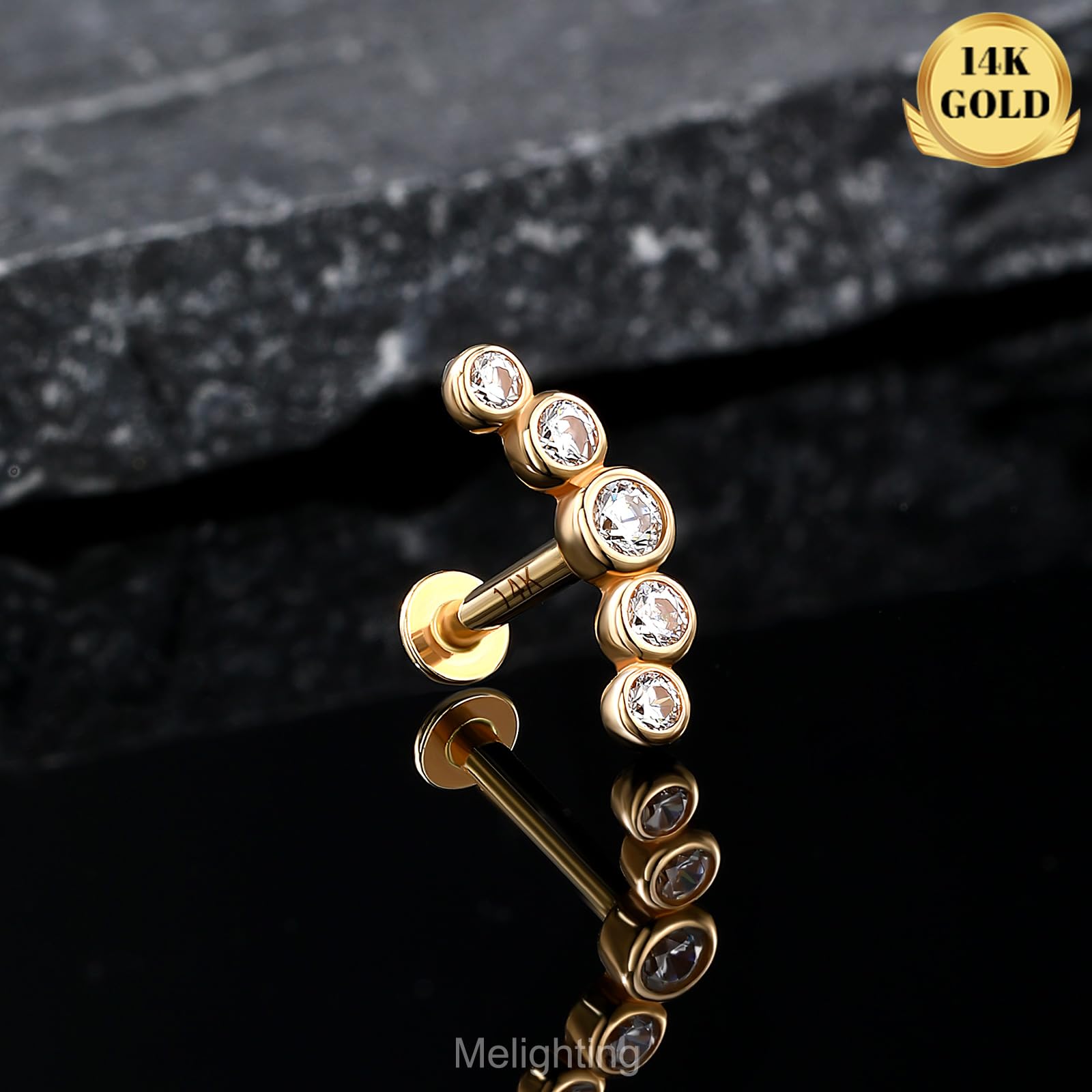 Melighting Pendientes curvados de oro macizo de 14 quilates para cartílago con rosca interna, circonita cúbica, parte trasera plana, 16 g, piercing para labret