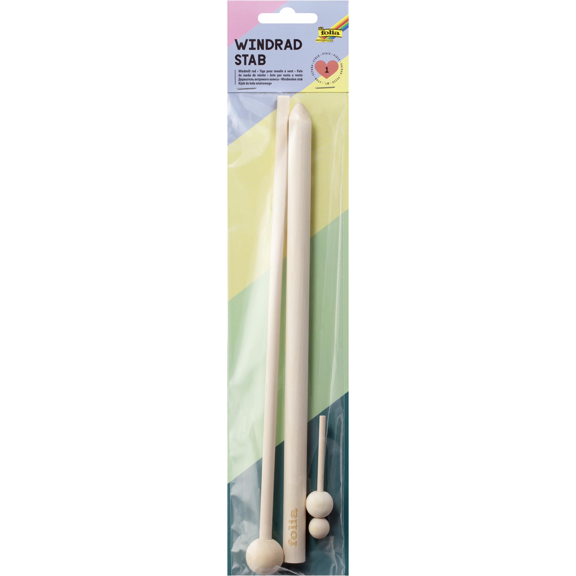 folia Windrad-Stab + Windrad-Stab 3-teilig Holzstab 59 cm Holz Bastelmaterial für kreative Garten Projekte DIY Windrad Kinderbasteln Geburtstag Gartendeko