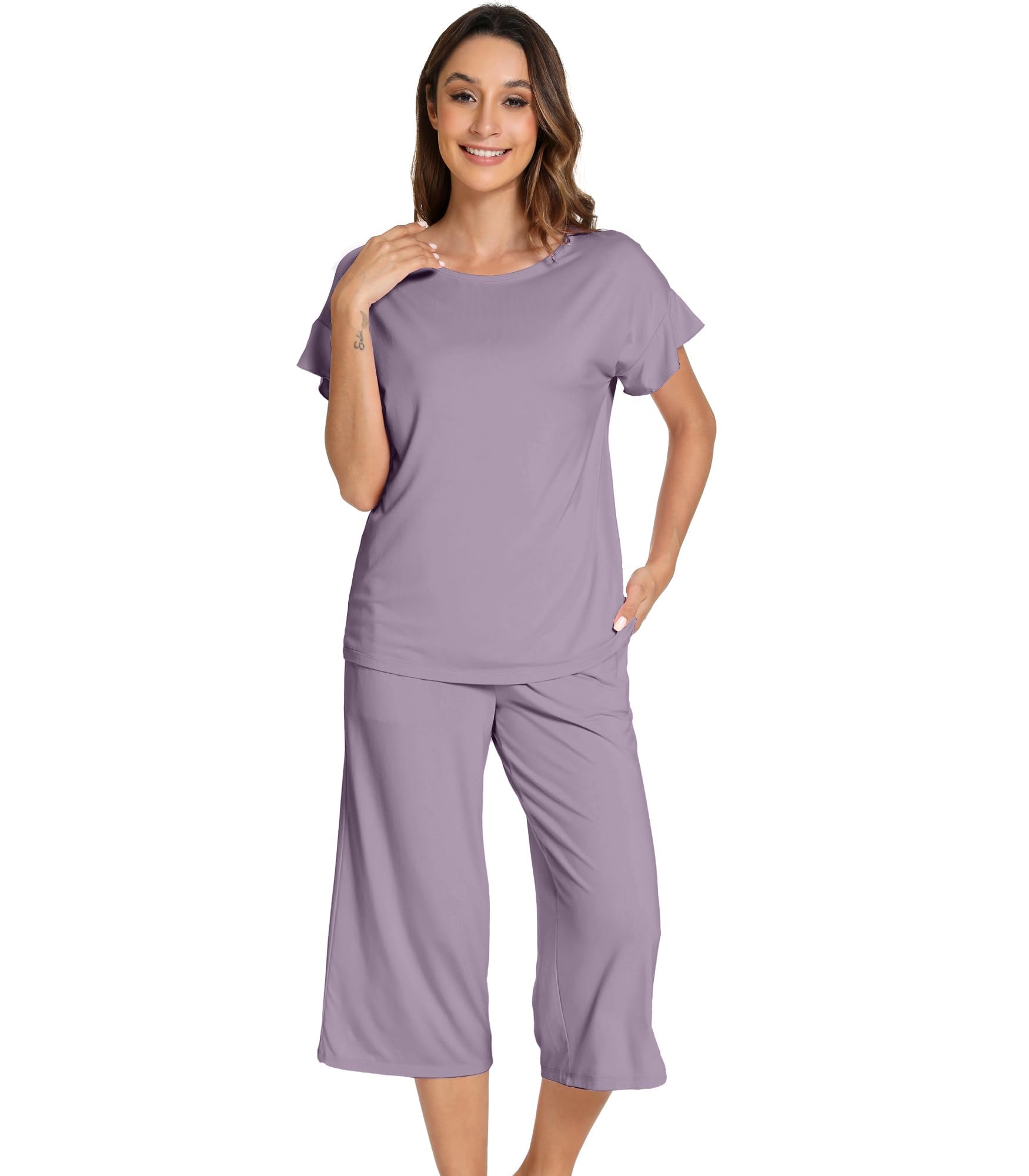 WiWi Pajamas for Women Soft Knit Capri Pants Pajama Sets Summer Pjs Sleepwear Comfy Lounge Set Viscose from Bamboo S-XXL