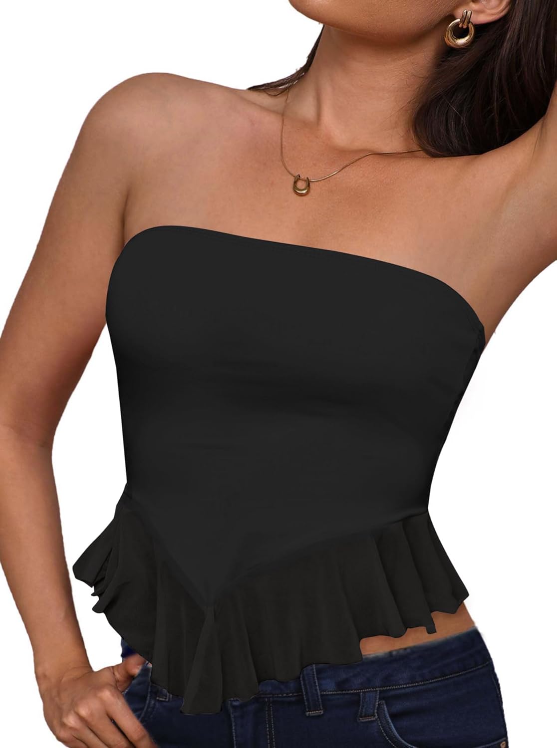 Remidoo Tube Tops for Women Sexy Sheer Mesh Strapless Top Asymmetrical Hem Ruffle Cropped Shirt - Image 2