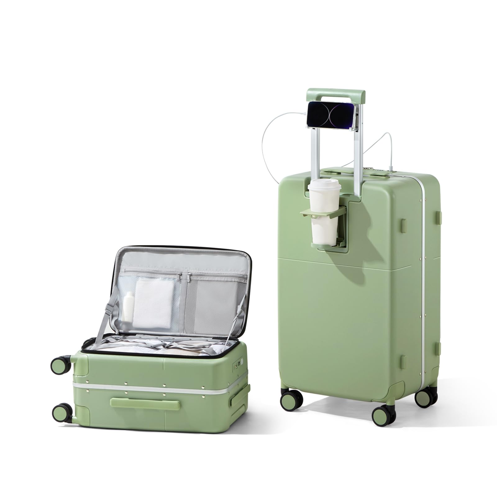 20 Inch Carry On Luggage with Cup Holder and Charge,Top Opening Hard Shell Suitcases with Wheels and Dividers,Aluminum Frame Trunk Luggage Small Suitcase with Lock for Travel,Bamboo Green