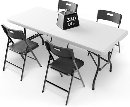 6FT Folding Table Set with 4 Chairs Heavy-Duty 330 lb Table & 330 lb Chairs, Portable Foldable Furniture Set for Camping, Parties, Indoor & Outdoor Use