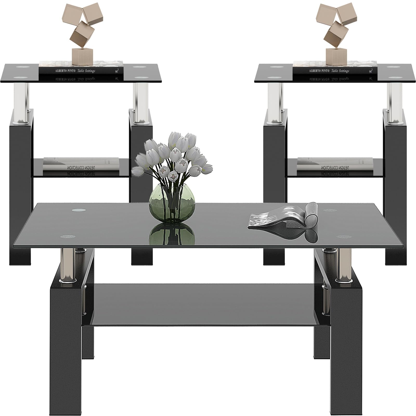 All Black Glass Coffee Table Set of 3 Piece, Living Room Table Set of 3 Pcs, Black Glass Coffee Table and End Table Sets, Metal Legs, Tempered Glass