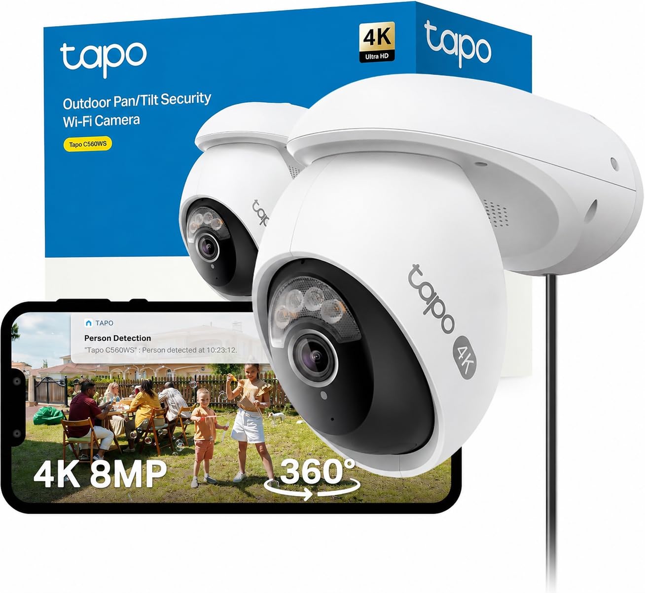 Tapo C560WS 4K 360° WLAN-Überwachungskamera für außen, Wi-Fi 6 Dual-Band, Farbnachtsicht, kostenfreie KI-Erkennung, Smart Tracking, Licht- & Ton-Alarm, Zwei-Wege-Audio, MicroSD-Karte Bis zu 512 GB