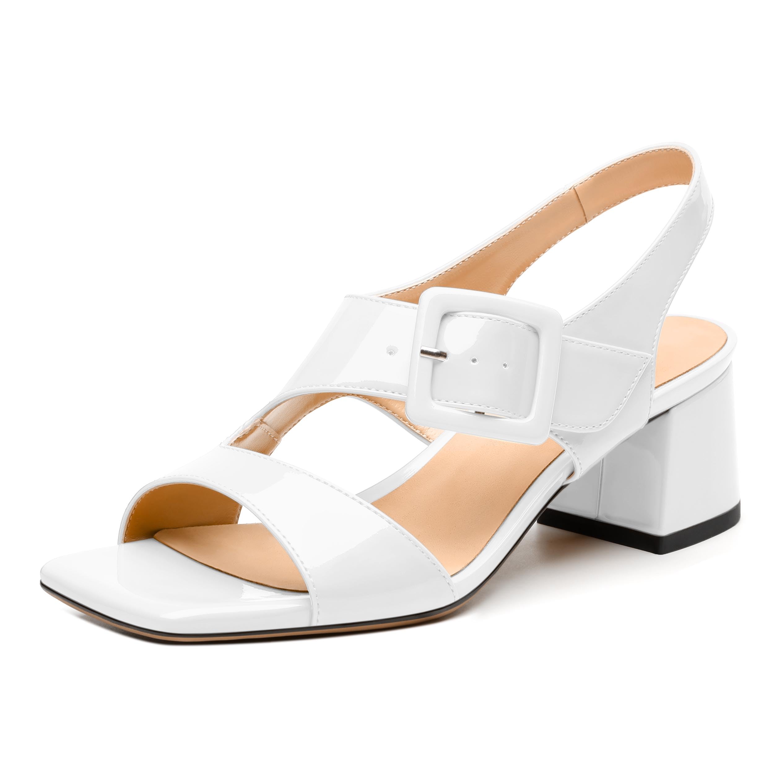 HeySoleModa Womens Heeled Sandals Shoes, Square Peep Toe Mid Block Heel Ankle Strap Sandals for Women, Leather Insole Chunky Heel Sandals with Buckle