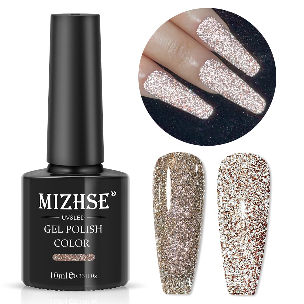 MIZHSE Reflective Glitter Gel Polish Set, Sparkly Shiny Gel Nail Art Varnish Manicure Kit, Christmas Soak Off LED Lamp, for Beginners DIY at Home (BD-002 Gold)