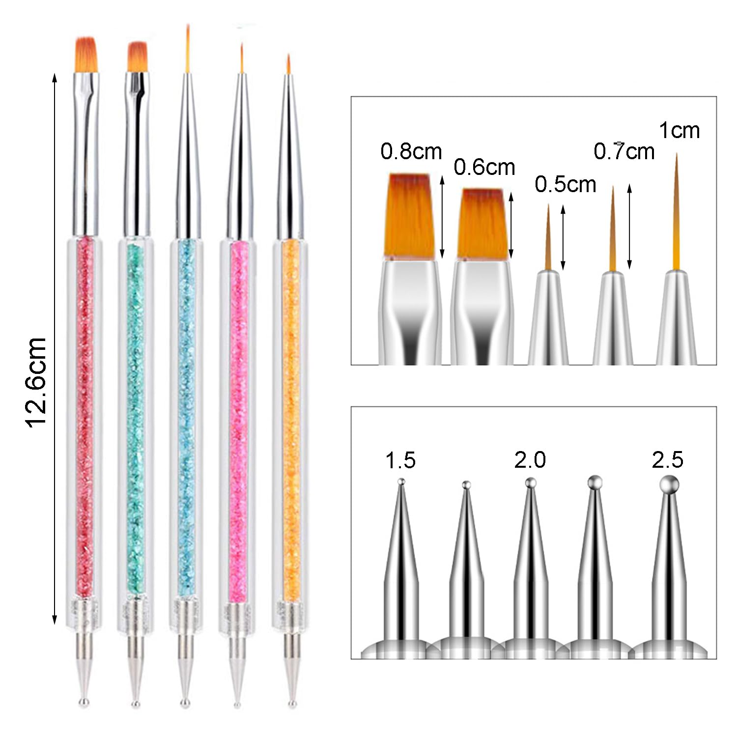 Juego de 6 pinceles de uñas, pinceles de doble extremo, para decoración de uñas, acrílicos, delineador de uñas, herramienta de punteo para el diseño de uñas (con 1 cepillo de esponja)