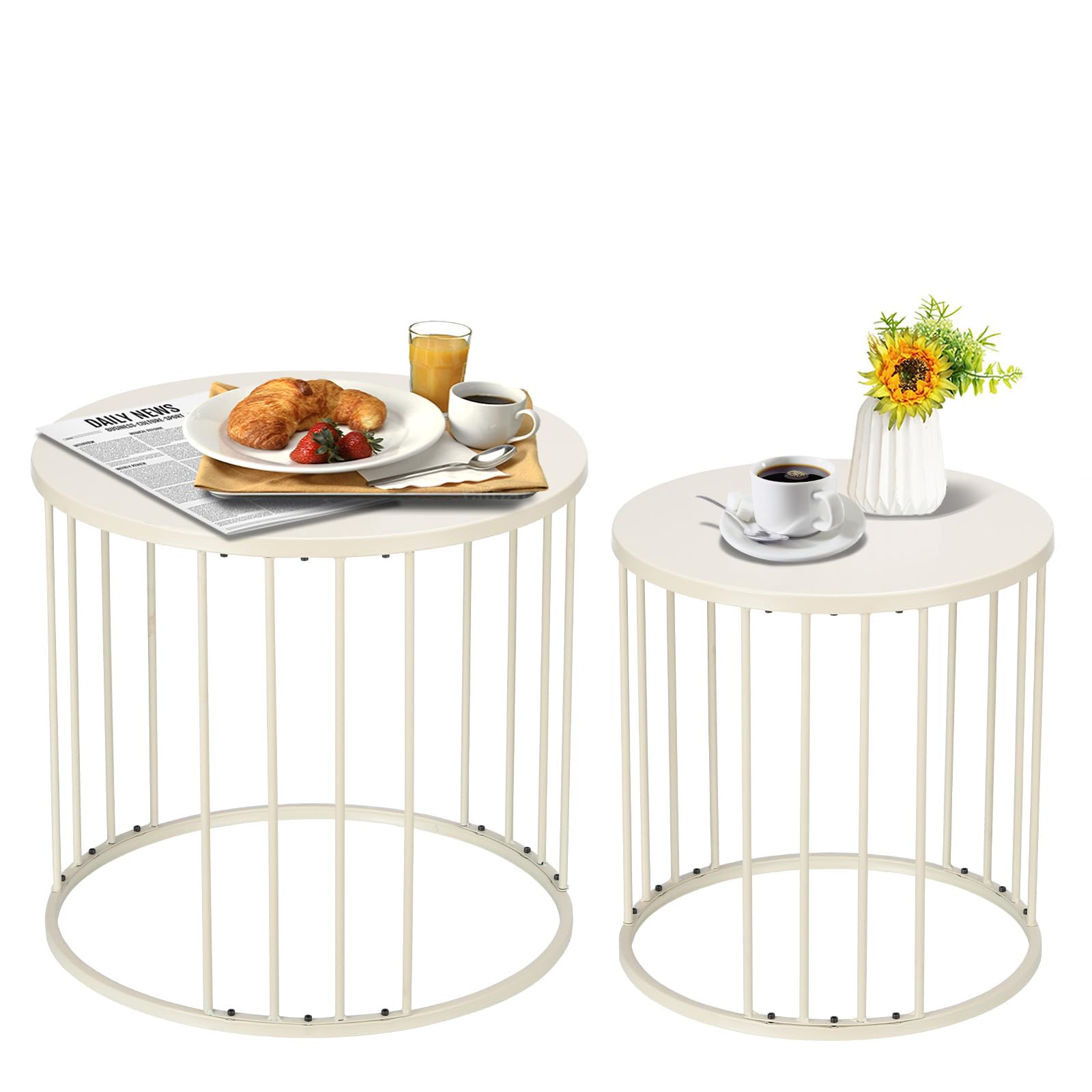 SUNNYPARK Outdoor Side Table Set of 2, Metal Circle Accent End Tables for Balcony Backyard Garden Indoor Living Room, Durable Black Nesting Coffee