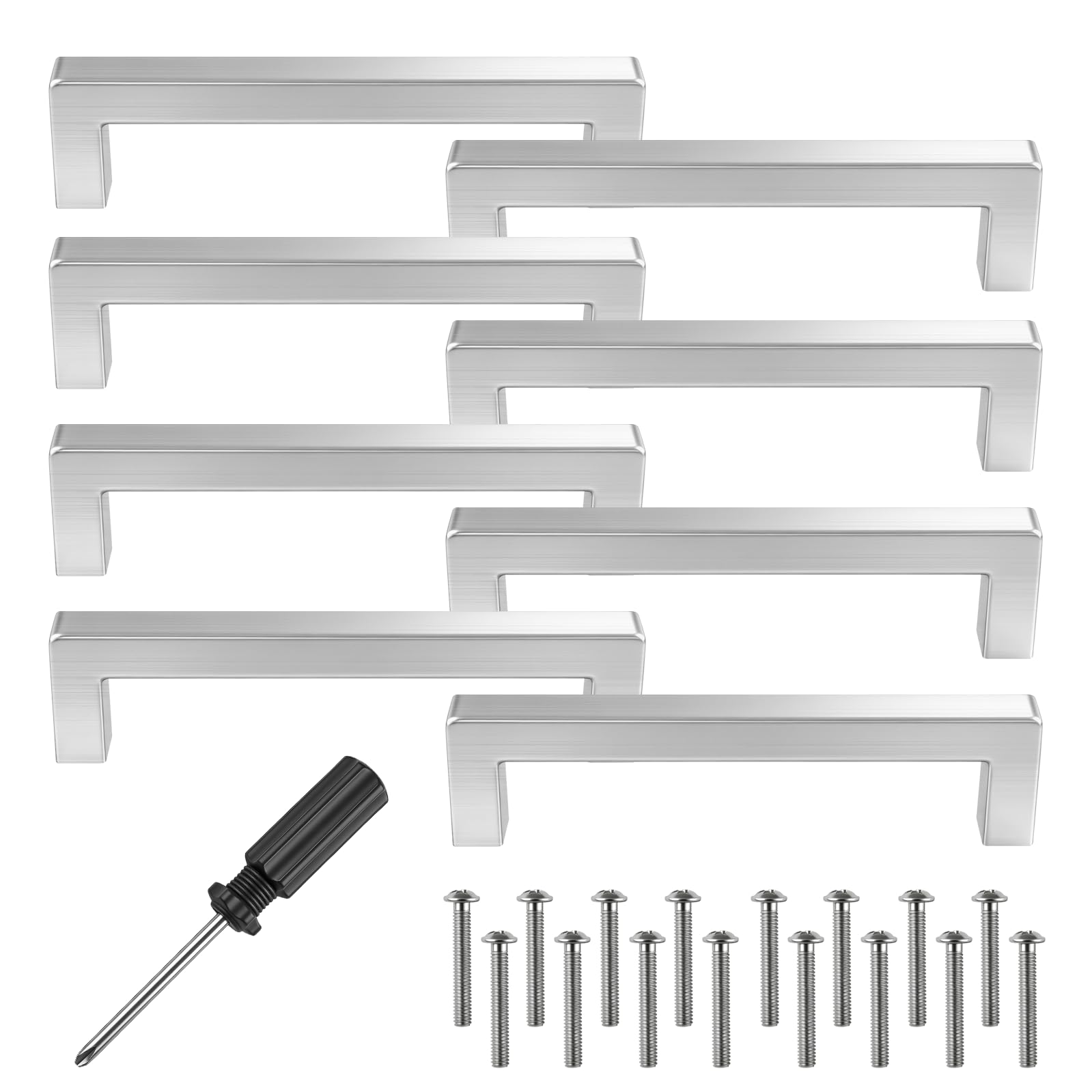 8 maniglie per mobili, in acciaio inox, colore argento, distanza tra i fori 128 mm, maniglie quadrate con viti e strumenti di installazione, per cassetti, mobili da cucina e decorazioni per