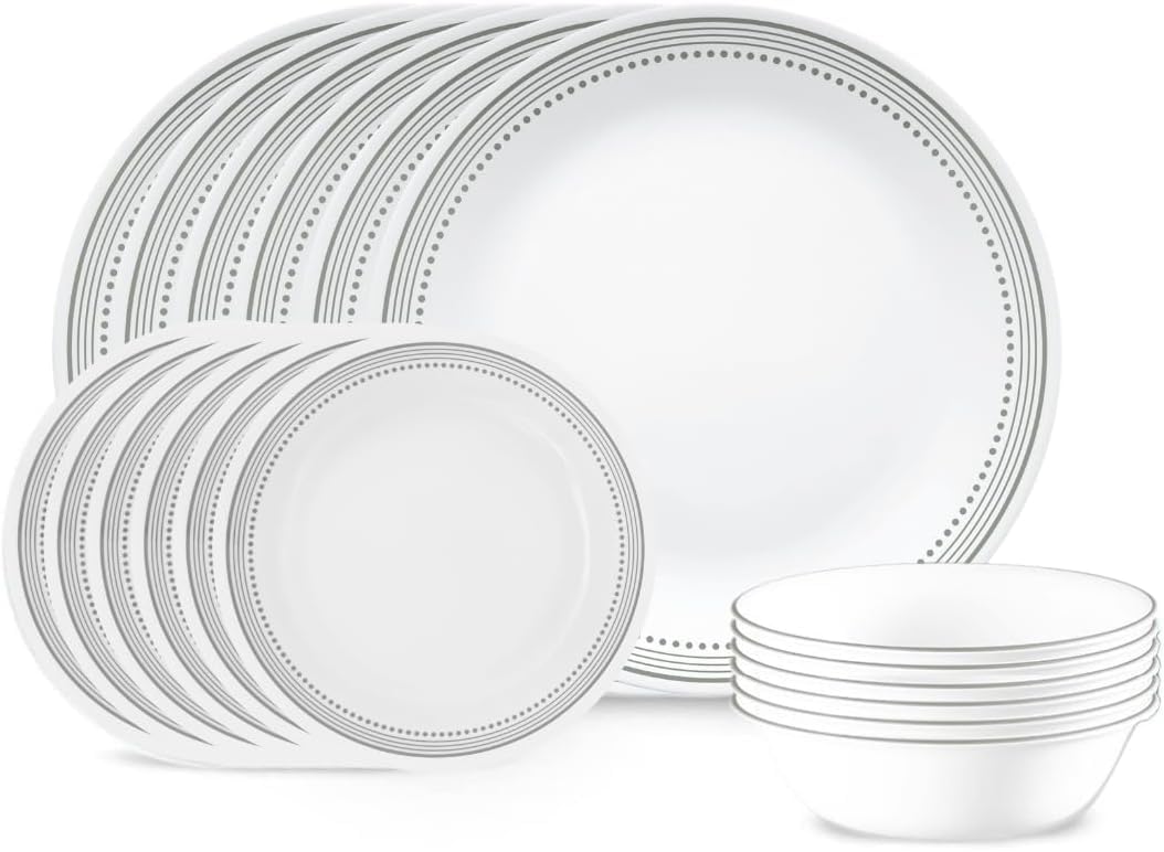 Corelle 18-Piece Dinner Set, Mystic Grey, Service for 6, Chip Resistant Dinnerware, Includes 26cm Dinner Plates, 17cm Salad/Side Plates and 530ml Soup/Cereal Bowls
