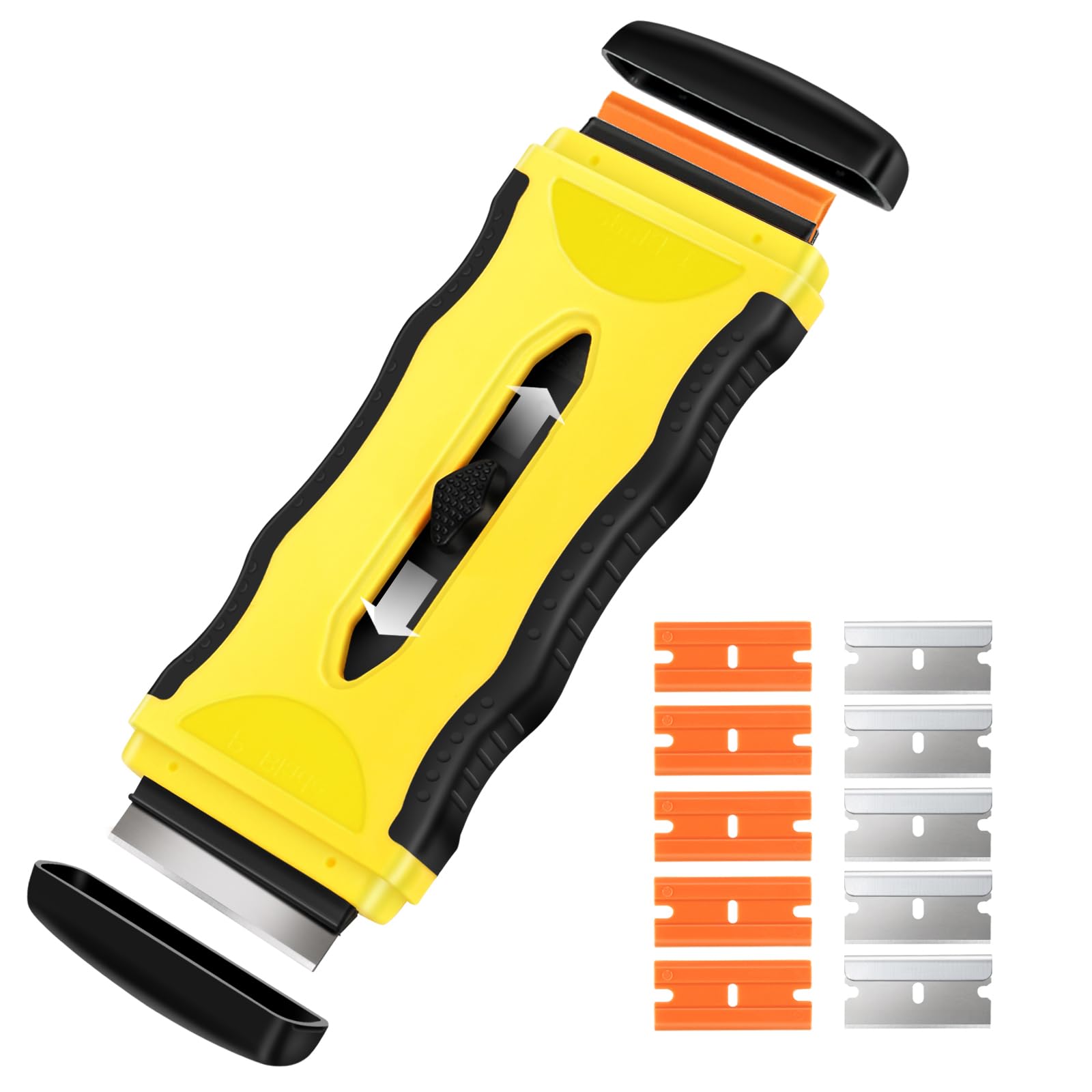 DEKEones Razor Blade Scraper, 1 Pack 2-in-1 Scraper Tool with 5Pcs Plastic Blades and 5 Pcs Metal Blades, Multifunctional Cleaning Razor Scraper for Stickers, Decals, Cooktop, Oven(Yellow)