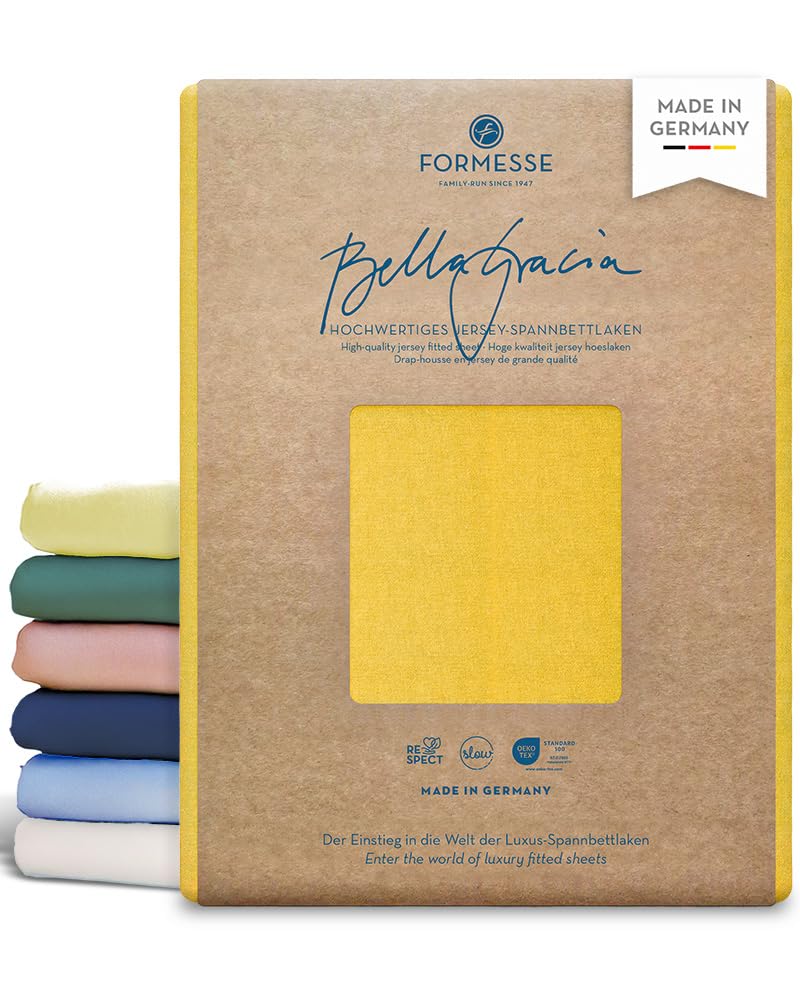 Formesse – Bella Gracia Jersey Spannbettlaken 120x190-130x220cm - bis 25cm Höhe - 97% Baumwoll-Kompaktgarn/Spannbetttuch aus Deutschland/Baumwoll Bettlaken mit Elastan - Farbe Goldgelb