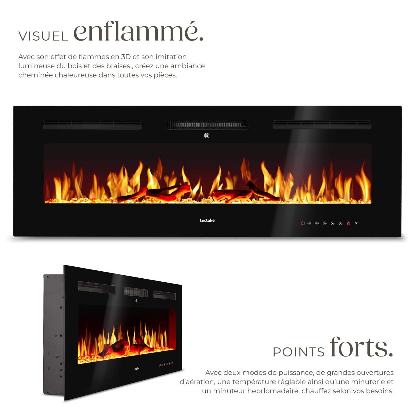 tectake® Cheminée électrique Murale 127 x 12 x 43 cm, 2 Niveaux de Chauffage 900 et 1800W, Cheminee Electrique Effet Flamme 3D, Télécommande, Application Mobile, Panneau Tactile, Cheminée Electrique