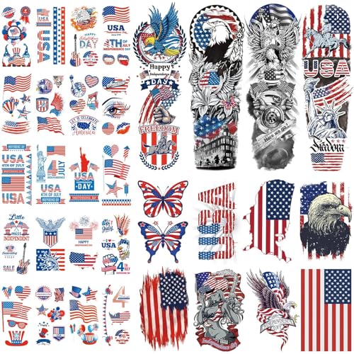 CUTELIILI Independence Day Temporary Tattoo,4th of July Sleeve Tattoo, American Flag Fake...