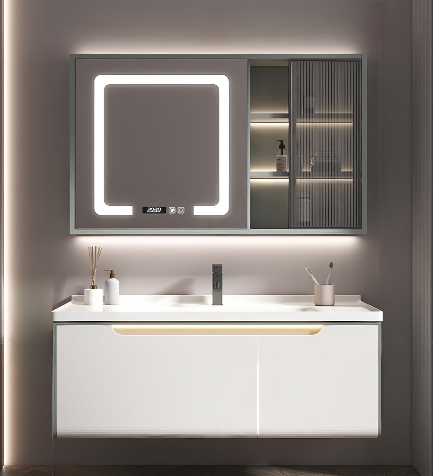 - 44Inch Bathroom Vanity, Floating Bathroom Vanities with Ceramic Single Sink, Solid Wood Bathroom Vanity Set with LED Smart Mirror and Glass Side Cabinet, Wall Mounted Bathroom Furniture (White)