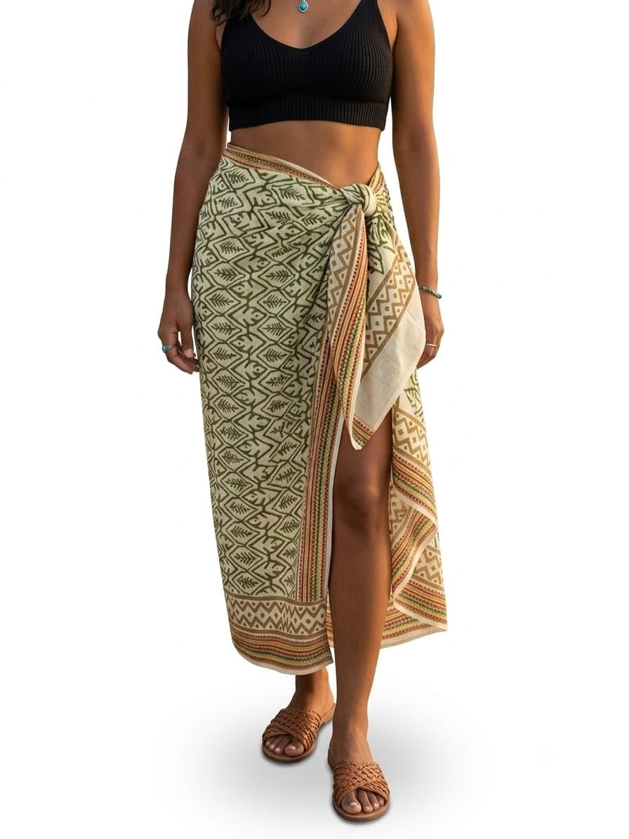crystalheal; designing the destiny Aarunya Sarong for Women | Hand Block Printed Cotton Beach Wrap | Boho Cover Up Skirt | Lightweight Tribal Sarong | Vacation Resort Wear-picture-38