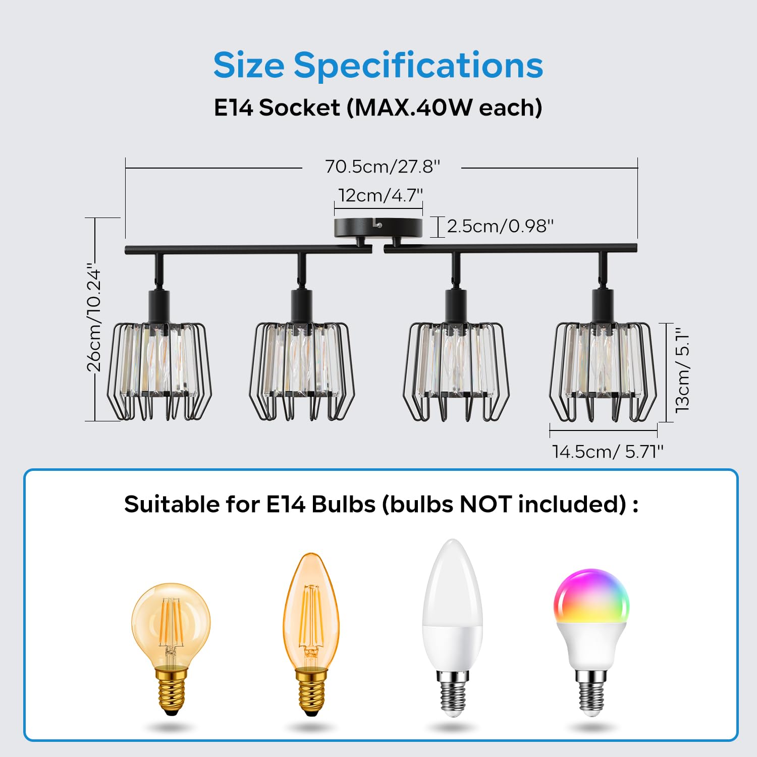 LVWIT Deckenstrahler 4 Flammig Deckenlampe Vintage - Wohnzimmer Deckenleuchte Schwarz Kristall Design Retro Strahler E14 Metall Wohnzimmerlampe Spots für Schlafzimmer Küche Flur(Ohne Leuchtmittel)