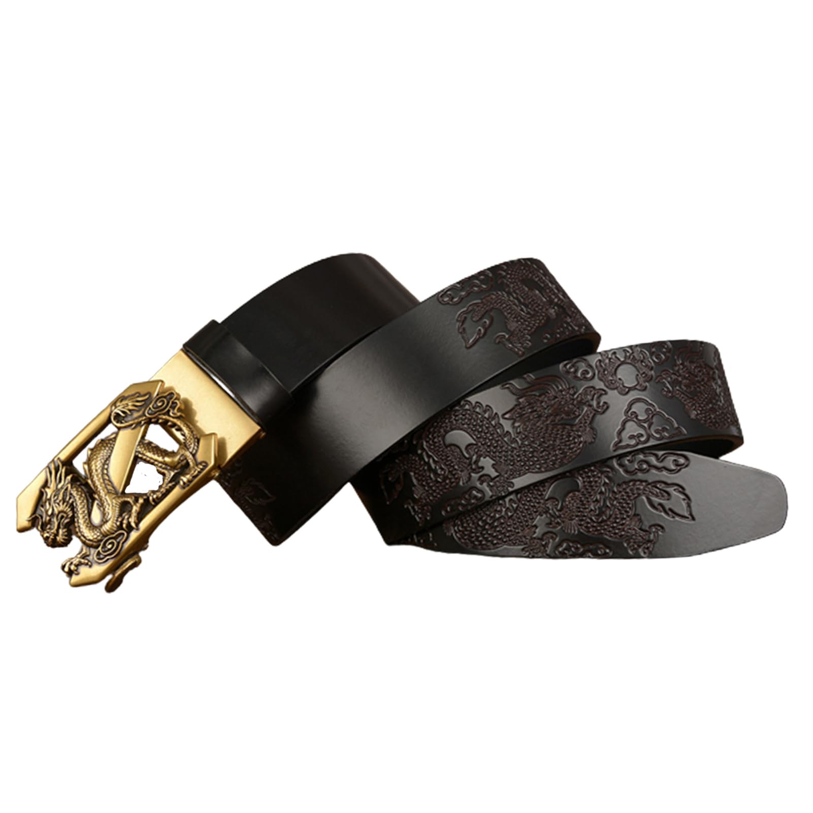 Cinturón Deslizante Con Trinquete - Dragón Dorado En Relieve, Hebilla Automática, Correa De Cuero Ajustable, Estilo Moderno