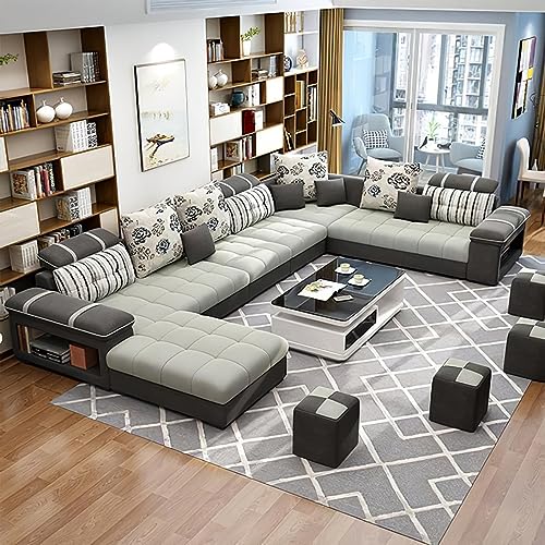 Image of Bristol 12 Seater Sofa Set for Living Room (Light Grey) | Interchangeable U Shape Sectional Sofa | Solid Wood Frame & High-Density Supersoft Foam | Includes Puffy & Stool | Modern Home Furniture