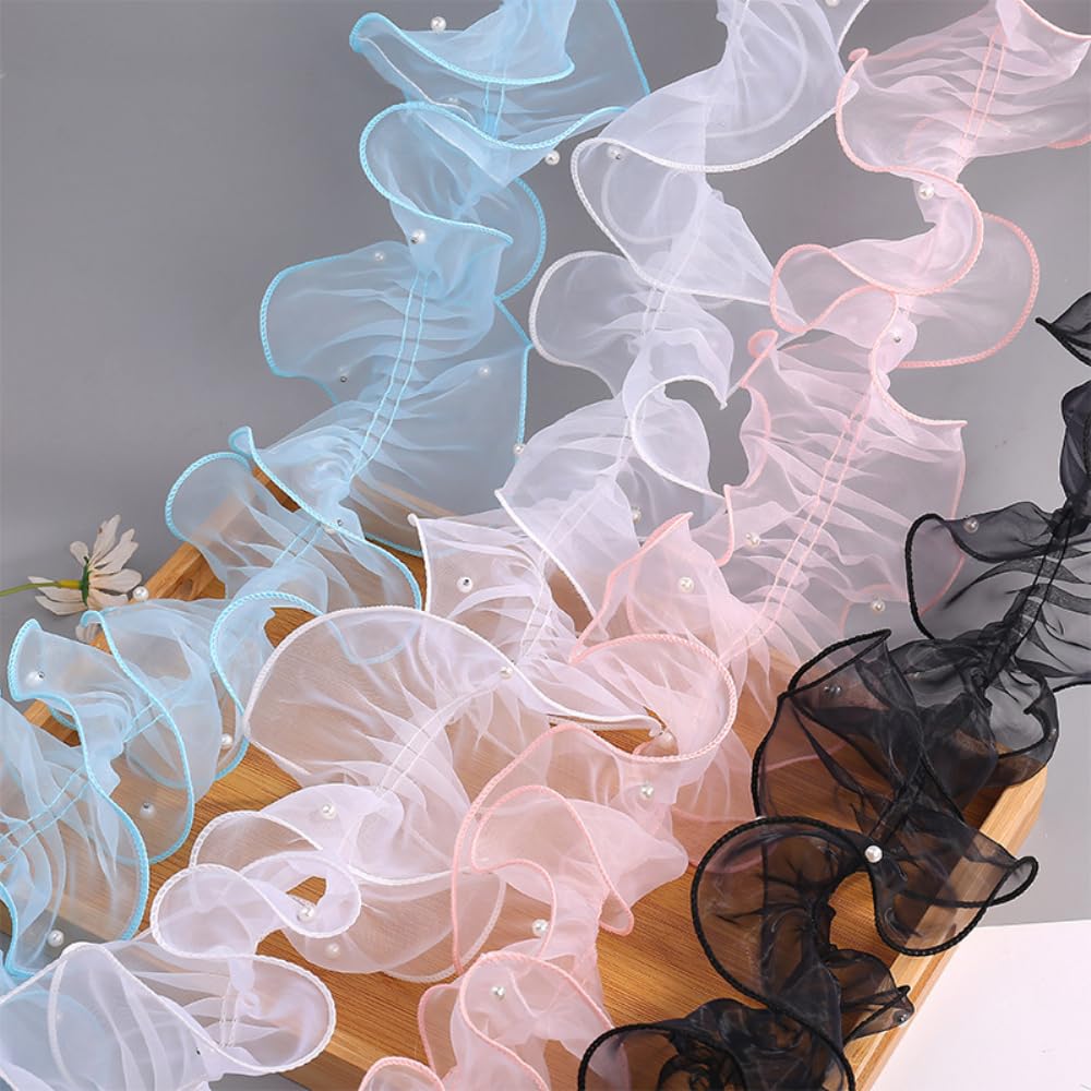 Wambere 20m x 11cm Organza Rüschenband mit Perlen,Spitzen Borten Bänder Spitzenband Spitzenbordüre Spitzenbesatz Spitzenborte Zierband Dekoband für DIY Basteln Nähen Kleidungsdekoration,Grün