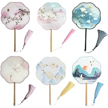 Translucent Chinese Silk Round Fan with Long Wooden Handle, Vintage Embroidered Hand Fan for Women, Traditional Hanfu Accessory for Wedding, Photography, Dance, Gift